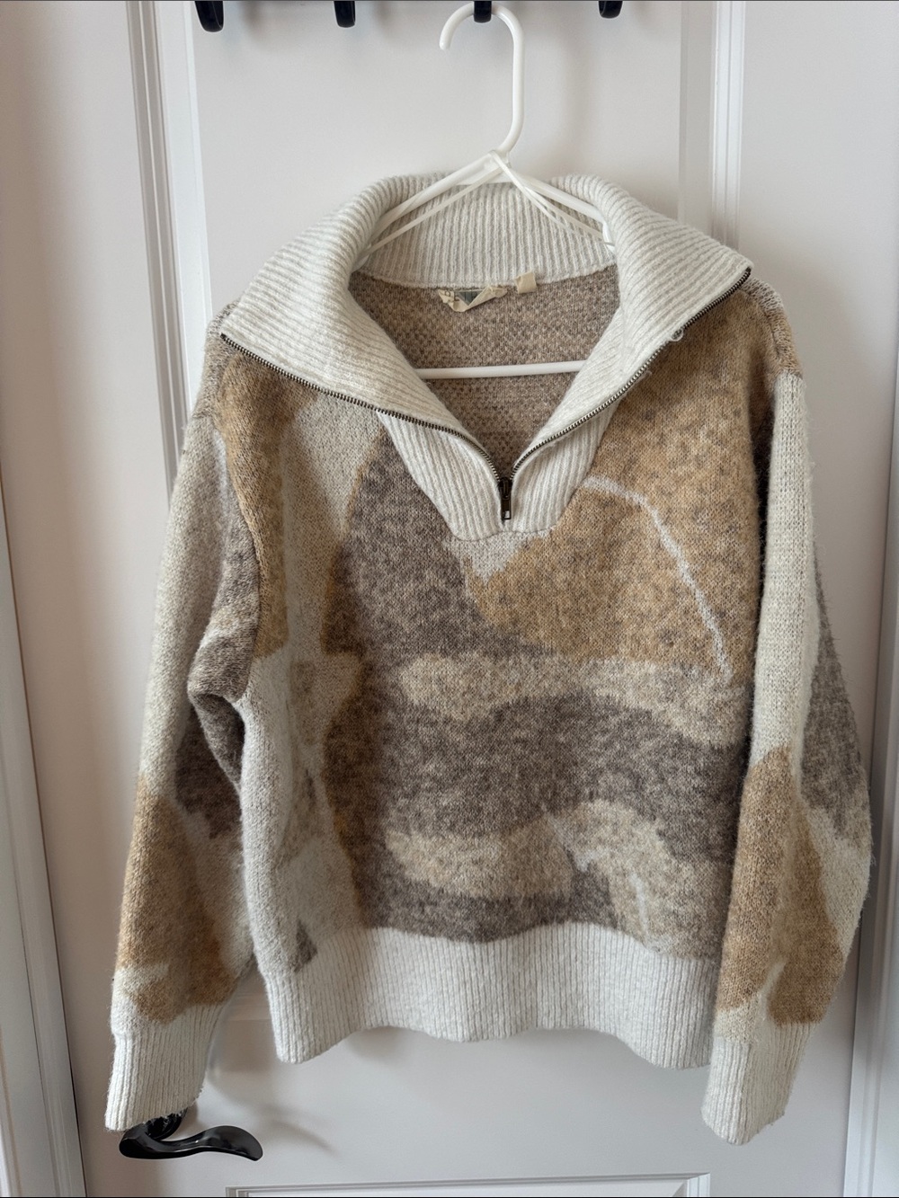 Neutral Patterned Half-Zip Sweater - Cream and Brown